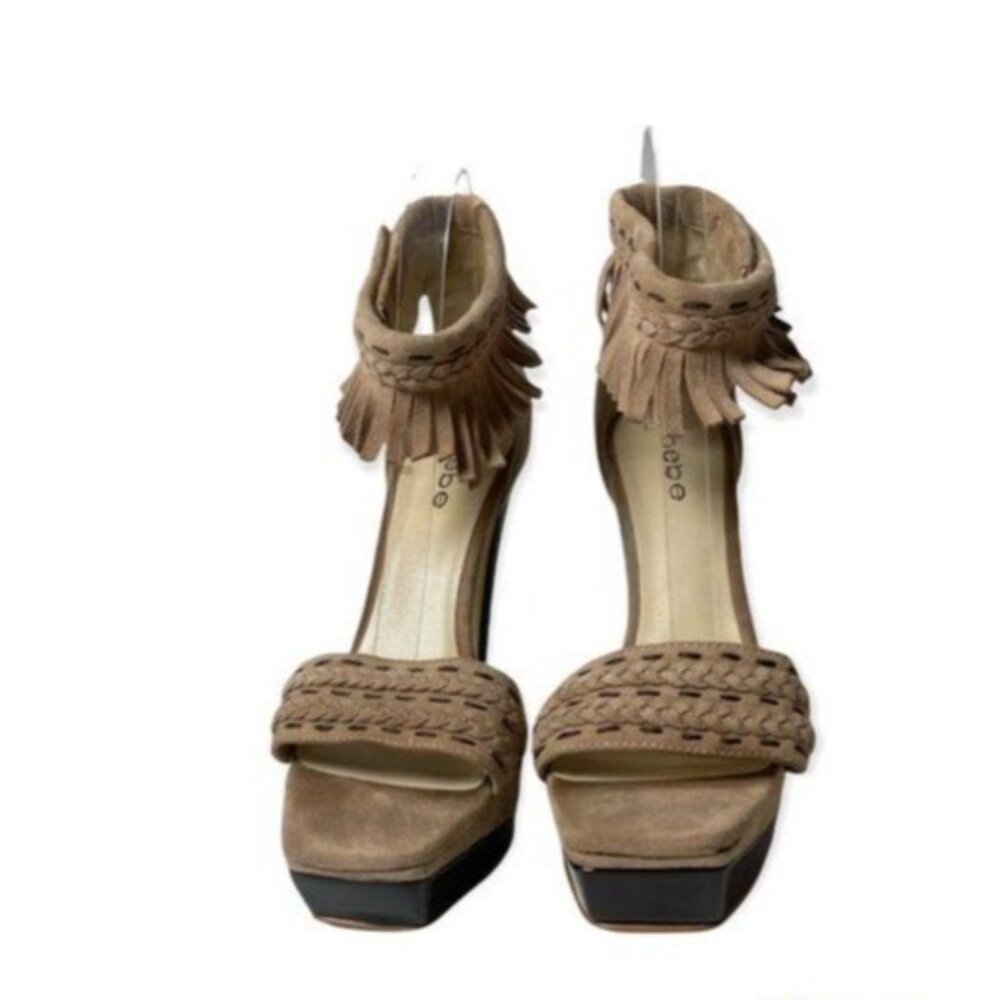 BEBE Tan Suede Leather Heels Fringe Ankle Strap Sz 7 - Picture 2 of 8
